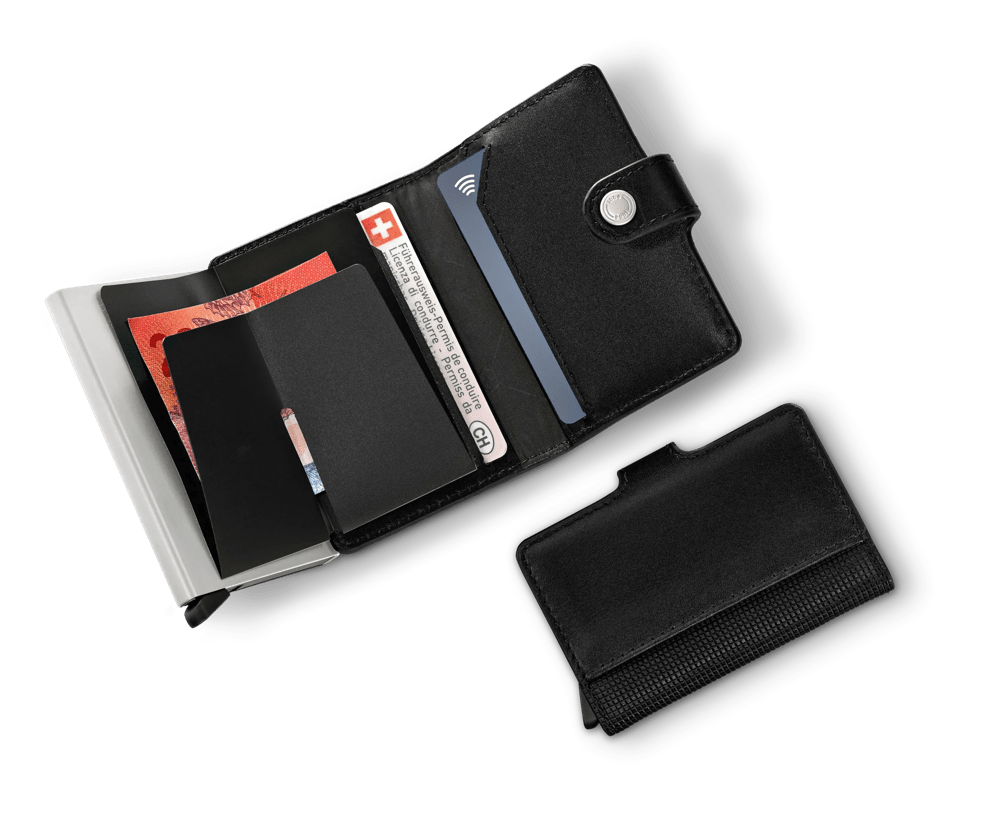 Perforated logo leather outlet wallet with detachable strap