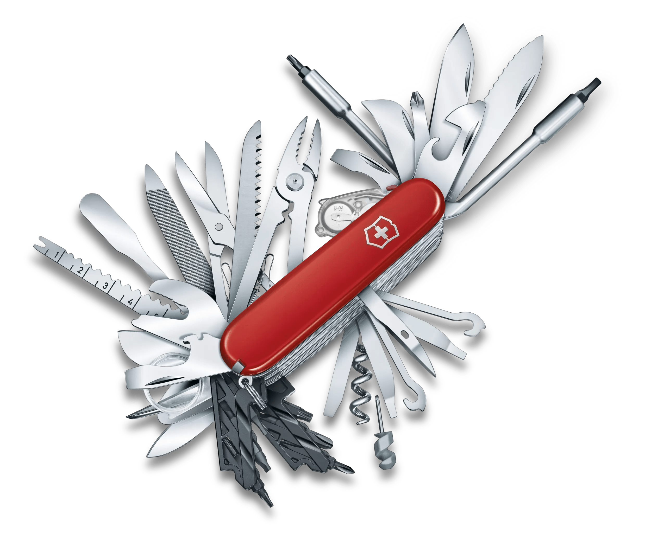 Super practical and a class of its own: meet the Swiss Champ XXL, a powerhouse among pocket knives. Armed with 73 functions, this knife can handle any